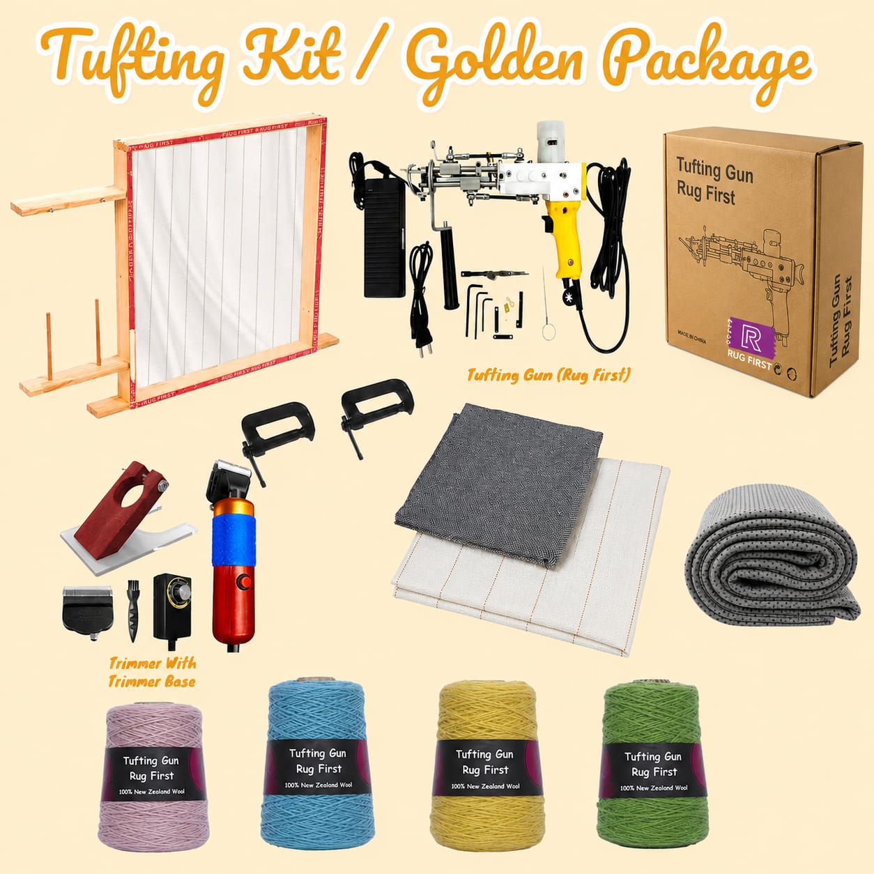 Tufting Kit Golden Package – Complete Rug Making Kit with Tufting Gun, Frame & Trimmer